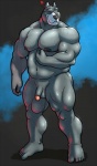 anthro balls belly biceps big_muscles black_nose bodily_fluids flaccid flexing fur genitals grey_body grey_fur heart_symbol huge_muscles humanoid_genitalia humanoid_penis male musclegut muscular muscular_anthro muscular_male nude pecs penis pose slightly_chubby smile solo sweat vein houndgrey hound_(character) canid canine canis domestic_dog mammal