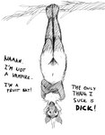 anthro bat branch crossed_arms english_text female flying_fox genitals greyscale hi_res hladilnik humor indian_flying_fox mammal megabat monochrome navel neck_tuft pussy simple_background sketch solo text tuft upside_down white_background