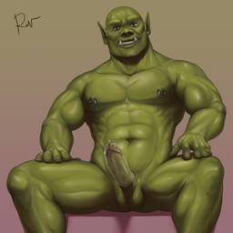 abs bald blue_eyes bulge clothing condom erection genitals green_body green_skin grin humanoid_genitalia humanoid_penis humanoid_pointy_ears looking_at_viewer male muscular muscular_humanoid muscular_male nipple_piercing nipples not_furry nude pecs penis piercing pointy_ears sexual_barrier_device simple_background sitting smile solo tusks rov larek_rogdul humanoid orc 1:1 2018 hi_res