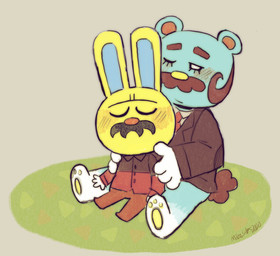 accessory anthro blue_body blue_fur blush bottomwear chibi clothing duo eyes_closed facial_hair fur hug hugging_another hugging_from_behind humanoid_hands male male/male mustache necktie pants shirt sitting slightly_chubby topwear yellow_body yellow_fur cubert animal_crossing nintendo beardo_(animal_crossing) gaston_(animal_crossing) bear lagomorph leporid mammal rabbit 2020 hi_res