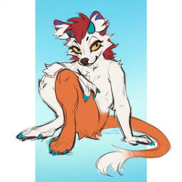 anthro arm_tuft blue_claws blue_horn brown_pawpads cheek_tuft chest_tuft claws closed_smile elbow_tuft facial_tuft female female_anthro finger_claws fur hair horn inner_ear_fluff mouth_closed narrowed_eyes nude orange_body orange_fur orange_tail pawpads red_hair short_hair short_horn shoulder_tuft sitting small_horn smile solo tail tail_tuft toe_claws tuft white_body white_fur white_inner_ear_fluff yellow_eyes yellow_sclera lostgoose 1:1 2024 dated hi_res signature