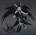 4_toes 5_fingers anthro black_body black_feathers black_hair blue_eyes clothed clothing feathered_wings feathers feet fingers hair looking_at_viewer male solo toes wings nukerooster fallion arch_(nukerooster) 2021 digital_media_(artwork) hi_res