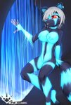 anthro big_breasts black_body black_fur blue_body blue_fur breasts cave female fur glowing glowing_body glowing_fur grey_hair hair long_legs red_eyes rock short_hair sitting skinny_female slim solo water waterfall macmegagerc rt001 eve canid canine fox mammal watermark