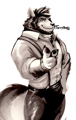 anthro barazoku clothed clothing collared_shirt dress_shirt gesture hand_gesture looking_at_viewer male muscular muscular_male pointing pointing_at_viewer shirt simple_background smile solo suspenders topwear white_background terryskaii echo_(series) echo_project the_smoke_room william_adler canid canine canis coyote mammal hi_res monochrome portrait signature three-quarter_portrait