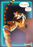 anthro bent_over clothed clothing dialogue glass green_eyes jockstrap looking_at_viewer male mostly_nude raised_tail solo tail text underwear epicbunbun felid feline mammal pantherine tiger absurd_res english_text hi_res