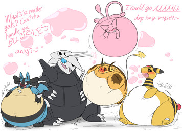 anthro belly big_belly black_body blue_sclera female group inflation pink_body text yellow_body thatoneaceguy nintendo pokemon aggron ampharos generation_1_pokemon generation_2_pokemon generation_3_pokemon generation_4_pokemon legendary_pokemon lucario mew_(pokemon) pokemon_(species) raichu 2025 hi_res