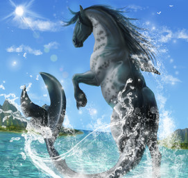 ambiguous_gender blue_eyes blue_sky cloud detailed_background feral fin grey_body grey_mane grey_tail island lens_flare long_tail looking_at_viewer looking_back mane mountain on_hind_legs partially_submerged perspective quadruped rear_view sea sky snout solo sun tail tail_fin thick_tail water rufciu aquatic equid equine fish horse hybrid mammal shark 2017 digital_media_(artwork) hi_res signature