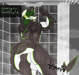 anthro balls bathing big_balls big_butt black_body butt dorsal_fin dripping ear_piercing facial_piercing fin fin_piercing furgonomic_piercing furgonomics genitals gold_(metal) gold_jewelry gold_tooth green_body green_eyes green_hair hair horn horn_jewelry horn_ring inner_ear_fluff jewelry male multicolored_body muscular muscular_male nose_piercing nose_ring piercing presenting ring_(jewelry) ring_piercing shower shower_head showering solo speech_bubble steam tail text thick_thighs tuft wet white_body wide_hips karinfysh mythology floofy_shoragon aquatic dragon fish hybrid mythological_creature mythological_scalie scalie shark