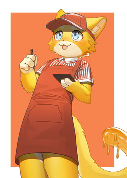 anthro apron blue_eyes clothing countershading fangs fur hat headgear headwear holding_object holding_pen kemono male open_mouth orange_background orange_body orange_fur pattern_clothing pattern_shirt pattern_topwear pen shirt simple_background solo striped_clothing striped_shirt striped_topwear stripes teeth topwear waiter young young_anthro young_male hauhau_mg domestic_cat felid feline felis mammal 2025 absurd_res hi_res