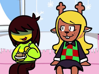 anthro brown_body brown_fur brown_hair disturbed duo eating female food fur hair male pastry pie smile snowgrave landonanimates deltarune family_guy undertale_(series) kris_dreemurr noelle_holiday deer human mammal new_world_deer reindeer 4:3 animated meme short_playtime sound video