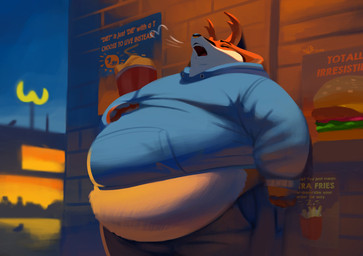 advertisement anthro belly big_belly breath brown_body brown_fur burger clothed clothing detailed_background exhausted eyes_closed food fries fur hand_on_belly hoodie horn leaning_on_wall male obese obese_anthro obese_male open_mouth outside overweight overweight_anthro overweight_male panting solo standing text topwear fattydragonite wcdonald's mammal pronghorn absurd_res english_text hi_res