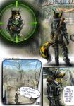 2017 ak-47 ak_platform anthro architecture armor assault_rifle canid canine clothing comic crosshair detailed_background drerika dryden_teichmann ear_piercing english_text facial_markings fallout fox fur green_eyes gun head_markings hi_res lyrics male mammal markings microsoft multicolored_body multicolored_fur multiple_images music outside piercing pip-boy ranged_weapon rifle solo song speech_bubble text the_ink_spots wasteland weapon wrist_computer