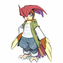 ambiguous_gender anthro anthrofied beak biped brown_eyes clothed clothing coat feathered_wings feathers feet fully_clothed hair half-closed_eyes hand_on_hip looking_at_viewer narrowed_eyes open_mouth pokemorph pose purple_hair red_hair simple_background smile solo standing talons toes tongue topwear white_background wings cotora nintendo pokemon avian bird generation_1_pokemon pidgeotto pokemon_(species) 1:1