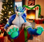 anthro blue_body blue_fur box carpet carpet_floor carpeted_floor christmas_tree container fire fireplace fur gift_box green_body green_hair hair holidays looking_at_viewer male paws plant pose posed smile smiling_at_viewer smirk smirking_at_viewer solo tail tinsel tree warm_lighting white_body white_fur daytia c4d christmas canid canine canis mammal wolf 3d_(artwork) cinema_4d_(artwork) cover digital_media_(artwork) hi_res warm_colors