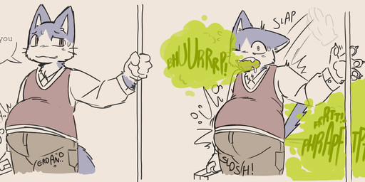 belly big_belly bloated blue_body blue_fur bottomwear burp_cloud burping clothing dialogue fart fart_cloud fart_fetish fur male one_eye_closed open_mouth pants rumbling_stomach solo text topwear vest whiskers white_body white_fur northp4w animal_crossing nintendo rover_(animal_crossing) domestic_cat felid feline felis mammal comic