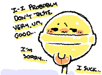 armless balls black_eyes black_text blush candy dessert ellipsis empty_eyes flaccid food genitals legless lollipop looking_aside male mouth_closed noseless not_furry penis simple_background simple_eyes small_penis solo squiggle_mouth squigglevision stuttering text white_background yellow_blush yellow_body ligma_(artist) animate_inanimate food_creature 2025 animated digital_media_(artwork) english_text flat_colors low_res wigglypaint_(artwork)