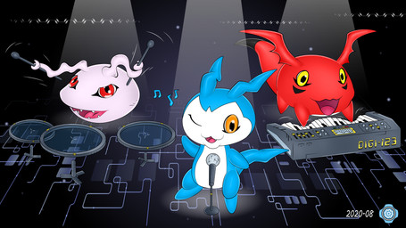 ambiguous_gender electronic_musical_instrument electronics feral group music musical_instrument percussion_instrument singing synthesizer trio the-cog bandai_namco digimon demiveemon digimon_(species) gigimon koromon 16:9 4k absurd_res hi_res widescreen