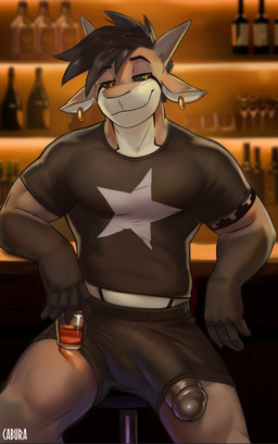 alcohol anthro bar beverage big_bulge big_penis black_hair black_sclera brown_body brown_fur bulge clothing container cup detailed_bulge drinking_glass ear_piercing ear_ring erection fur genital_outline genitals glass glass_container glass_cup hair horn huge_penis humanoid_genitalia humanoid_penis inside male penis penis_outline penis_poking_out penis_through_leghole piercing ring_piercing shirt smile solo t-shirt tight_clothing tight_shirt tight_topwear topwear whiskey whiskey_glass yellow_eyes cabura sorin_(cabura) bovid caprine goat mammal hi_res