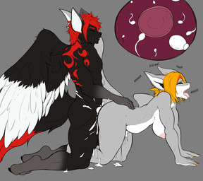 all_fours anthro anthro_on_anthro black_sclera bodily_fluids breasts cheating_wife cum cum_inflation cum_inside cum_request dialogue doggystyle duo female female_penetrated from_behind_position fur genital_fluids hair hand_on_butt impregnation infidelity inflation insemination_request looking_pleasured male male/female male_penetrating male_penetrating_female nude open_mouth orange_hair penetration red_hair requesting sex simple_background tattoo text tongue tongue_out wings skapu alodiel_lamni_(custom_ink) xion_archaeus aquatic canid canine canis fish mammal shark wolf absurd_res english_text hi_res