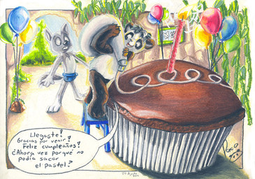 anthro balloon bamboo black_body black_fur candle clothed clothing cupcake duo food fur grey_body grey_fur inflatable logo male male_anthro nude open_mouth open_smile outside smile speech_bubble standing topless white_body white_fur young young_anthro young_male pandapaco bear canid canine giant_panda mammal 2011 artist_logo dated signature