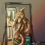 anthro brown_eyes butt clothing electronics holding_object holding_phone inside looking_at_mirror looking_at_object looking_at_viewer looking_back male mirror phone piercing reflection selfie simple_background smile solo tail tattoo teasing towel undressing asher_tail docisco sergal 1:1 hi_res