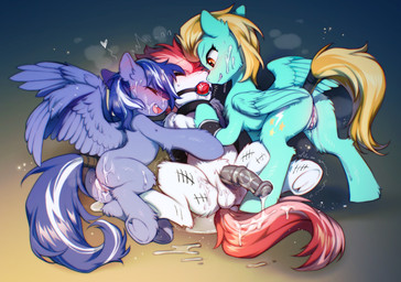 animal_genitalia animal_penis ball_gag bdsm blush bodily_fluids bondage bound cum cum_on_face_mask cutie_mark dominant dominant_female equine_genitalia equine_penis eyes_closed feathered_wings feathers female female_dominating_male feral flared_penis gag genital_fluids genitals group hair hooves leaking_cum leaking_vagina male male/female medial_ring penis quadruped questionable_consent simple_background spread_legs spread_wings spreading submissive submissive_male tail tally_marks trio wings swaybat friendship_is_magic hasbro my_little_pony mythology fan_character lightning_dust_(mlp) lightning_flare swift_apex equid equine mammal mythological_creature mythological_equine pegasus 2023 digital_drawing_(artwork) digital_media_(artwork) hi_res