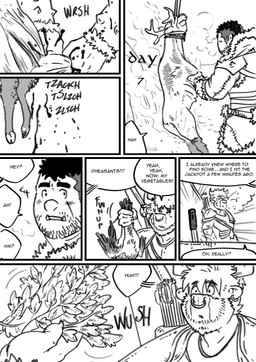 dialogue knife male male/male text husky92 european_mythology greek_mythology mythology bovid bovine humanoid mammal minotaur orc black_and_white comic english_text hi_res monochrome multiple_scenes
