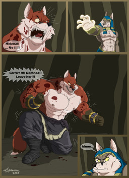 abs anthro armor big_muscles blood bodily_fluids bottomwear bracers brown_body brown_fur cave clothing dialogue duo footwear fur glowing headdress huge_muscles male muscular open_mouth pecs profanity red_body red_fur speech_bubble tan_body tan_fur teeth text white_body white_fur wounded xxsparcoxx egyptian_mythology middle_eastern_mythology mythology teofacio_larna wepwawet wepwawet_(xxsparcoxx) canid canine canis deity fox mammal red_fox true_fox wolf 2020 absurd_res comic digital_media_(artwork) english_text hi_res