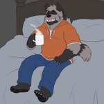 anthro bed bottomwear clothing container cup eyes_closed feet furniture hoodie humanoid_hands inside male mug pants pillow sitting solo topwear kosukerw password_(visual_novel) dave_(password) hyena mammal striped_hyena 1:1 2023 hi_res