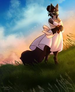 anthro big_tail black_nose breasts brown_body brown_fur brown_hair clothed clothing cloud digitigrade dress female female_anthro fur glistening glistening_eyes grass hair mouth_closed orange_eyes outside plant pupils sky slit_pupils solo standing tail white_clothing white_dress tiggybloom domestic_cat felid feline felis mammal 2025 full-length_portrait hi_res portrait