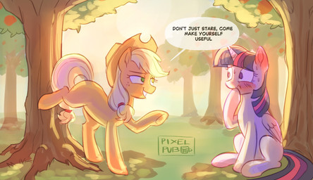 apple_bucking blush blush_lines cartoon_freckles duo eyelashes female feral flirting freckled_face freckles hooves horn long_eyelashes orchard raised_hoof smile sunset text wings pixelpub friendship_is_magic hasbro my_little_pony mythology applejack_(mlp) twilight_sparkle_(mlp) earth_pony equid equine horse mammal mythological_creature mythological_equine pony winged_unicorn english_text hi_res