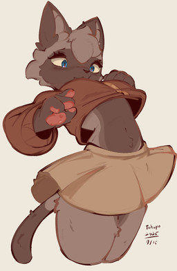 anthro blue_eyes bottomwear brown_body brown_fur brown_tail clothed clothed_anthro clothed_female clothing female fur head_tuft midriff navel skirt solo tail tuft conditional_dnp tohupo domestic_cat felid feline felis mammal 2025 digital_drawing_(artwork) digital_media_(artwork) hi_res