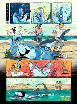 4_toes 5_fingers accessory alcohol anthro arm_support bare_shoulders beach beer_belly beer_gut belly beverage bikini bikini_top biped black_border blonde_hair blue_body blue_hair blush blush_lines border bottle bottomwear breasts bucket clothed clothed_anthro clothed_female clothed_human clothed_male clothing collarbone container countershade_face countershade_hands countershade_neck countershade_torso countershading crescent_moon day dorsal_fin drunk emanata eyebrows eyes_closed facial_hair facial_piercing feet female female_anthro fin fingers footwear freckled_face freckled_legs freckled_shoulders freckled_thighs freckles fully_clothed fully_clothed_anthro fully_clothed_female fully_clothed_human fully_clothed_male gloves_(marking) grey_hair group hair hair_accessory hair_over_eyes hair_tie hotpants lying male markings moon motion_lines mustache night non-mammal_hair nose_piercing nose_ring notched_fin notched_tail on_side one_eye_closed outside partially_submerged piercing pink_eyes pink_pupils ponytail pupils question_mark ring_piercing scar scrunchie seaside septum_piercing septum_ring sharp_teeth shirt shoes shorts sleeping slightly_chubby small_breasts snout substance_intoxication swimwear t-shirt tail tail_fin tail_pull teeth text the_end tied_hair title toes toony_moment topless topless_human topless_male topwear trio two-piece_swimsuit water wearing_hat herny jawlene_(herny) fish human mammal marine shark 2025 absurd_res character_name comic english_text hi_res