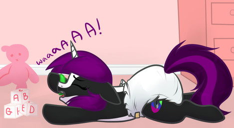 ambiguous_gender clean_diaper clothing detailed_background diaper feral hair horn inside lying plushie solo text toddler young monsterbunny 2015 archived_source digital_drawing_(artwork) digital_media_(artwork) english_text