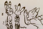 2022 arctic_fox canid canine clothed clothing dipstick_ears disney ear_markings fox fully_clothed fur group hi_res inktober jack_savage judy_hopps lagomorph leporid mammal monochrome multicolored_ears rabbit red_fox running shirt skye_(zootopia) t-shirt theblueberrycarrots topwear traditional_media_(artwork) trio_focus true_fox zootopia