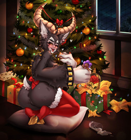 anthro bell black_body black_fur breasts brown_body brown_fur butt christmas_tree claws clothing cloven_hooves cookie electronics embarrassed feet female fluffy food fur garland genitals gift harness holidays hooves horn legwear lingerie milk mistletoe nude packaging phone plant red_eyes ribbons solo stockings tree underwear vulva wide_hips wrapper just_teru christmas new_year krampus bovid caprine demon goat mammal absurd_res hi_res