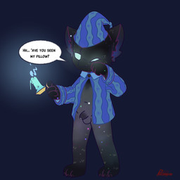 3_toes anthro balls barefoot beak beak_closed big_ears biped black_beak black_body black_fur black_penis blue_clothing blue_eyes blue_hat blue_headwear blue_pajamas blue_topwear bodily_fluids bottomless bottomless_anthro bottomless_male candle candlestick claws clothed clothed_anthro clothed_male clothing dialogue dripping empty_eyes feet finger_claws flaccid foreskin fur genital_fluids genitals glowing glowing_eyes glowing_inner_ear grey_balls grey_body grey_fur half-closed_eyes hat headgear headwear hindpaw holding_candle holding_object male male_anthro mouth_closed narrowed_eyes navel nightcap open_clothing open_topwear pajamas pattern_clothing pattern_hat pattern_headgear pattern_headwear pattern_pajamas pattern_topwear paws penis precum precum_drip rubbing_eye simple_background small_claws small_penis solo speech_bubble standing text tired toe_claws toes topwear unretracted_foreskin waking_up young young_anthro young_male ryomin deadlock_(game) mythology valve rem_(deadlock) avian chimera dream_creature gryphon mythological_avian mythological_creature 1:1 2026 english_text hi_res