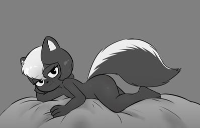 3_toes 4_fingers anthro bed_sheet bedding bedroom_eyes feet female fingers flirting flirting_with_viewer fluffy fluffy_tail hair looking_at_viewer markings narrowed_eyes nude nude_female pear-shaped_figure ponytail pose seductive smile solo striped_markings striped_tail stripes tail tail_markings toes translucent translucent_hair wide_hips e254e charlotte_(e254e) mammal mephitid skunk absurd_res hi_res pinup