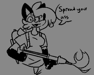 1-bit anthro black_nose cheek_tuft clothed clothing dialogue facial_tuft female fire flamethrower fur fur_tuft grey_background hair looking_at_viewer multicolored_body open_mouth partial_speech_bubble ranged_weapon shirt simple_background solo straps talking_to_viewer text topwear tuft weapon peppertoasty pepper_(sketchytoasty) canid canine fox mammal red_fox true_fox 2021 5:4 aliasing digital_media_(artwork) english_text monochrome