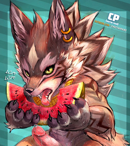 abs anthro biceps bodily_fluids claws countershading cum cum_on_penis detailed_food ear_piercing eating erection fangs food fruit fur genital_fluids genitals green_eyes humanoid_genitalia humanoid_penis jewelry male manly melon muscular muscular_anthro muscular_male necklace nude open_mouth orgasm penis piercing plant sharp_teeth solo sweat teeth text tongue tongue_out vein veiny_penis watermelon whiskers cheetahpaws lifewonders tokyo_afterschool_summoners seth_(tas) canid canine canis mammal wolf detailed japanese_text