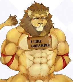 abs anthro arms_tied bdsm blush bodily_fluids bound brown_body brown_fur brown_mane embarrassed fur genitals hands_behind_back male mane muscular muscular_anthro muscular_bottom muscular_male muscular_sub nude orange_eyes pattern_background pecs penis penis_base sign simple_background solo submissive sweat tail tail_tuft text tuft doggycoffee felid lion mammal pantherine absurd_res english_text hi_res