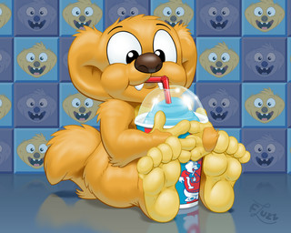 4_fingers 4_toes abstract_background beverage big_ears black_eyebrows black_eyes brown_nose chibi detailed_background drinking eyebrows fangs feet fingers fur humanoid_feet looking_at_another looking_down male plantigrade reflection round_ears semi-anthro solo teeth toes yellow_body yellow_fur fluzzbuzz jungledyret_hugo hugo_(jungledyret) mammal marsupial vombatiform 2019 digital_media_(artwork) hi_res signature male_(lore)