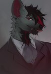 anthro black_body black_fur black_hair black_piercing blep blood bodily_fluids chin_piercing clothing ear_piercing facial_piercing fur furgonomics furry-specific_piercing grey_body grey_fur hair highlights_(coloring) licking licking_lips licking_own_lips male maroon_suit muzzle_piercing nose_piercing piercing red_accents red_clothing red_ears red_eyes red_highlights red_suit self_lick smile smug solo suit teeth_showing tongue tongue_out crowlix hyena mammal hi_res