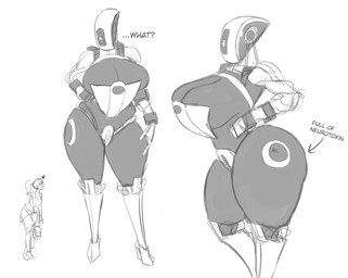 1_eye big_breasts big_butt black_body breasts butt clothing duo female footwear glistening glistening_body heart_symbol high_heels huge_breasts huge_butt larger_female looking_down looking_up machine shoes simple_background size_difference tall text thick_thighs white_background white_body wide_hips artbyrunbash portal_(series) valve chell glados human humanoid mammal robot hi_res