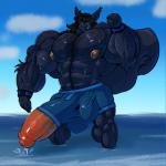 anthro balls big_balls big_muscles big_penis black_body black_fur black_hair bodily_fluids boxers_(clothing) bracelet clothing cloud cum day ejaculation erection flexing fur genital_fluids genitals hair huge_balls huge_muscles huge_penis hyper hyper_balls hyper_genitalia hyper_muscles hyper_penis jewelry legs_in_water looking_at_viewer male melanistic muscular muscular_anthro muscular_male nipples partially_submerged penis penis_poking_out sky smile solo standing standing_in_water submerged_legs underwear bobert vincent_(bobert) mammal rodent sciurid tree_squirrel 1:1 2016 hi_res