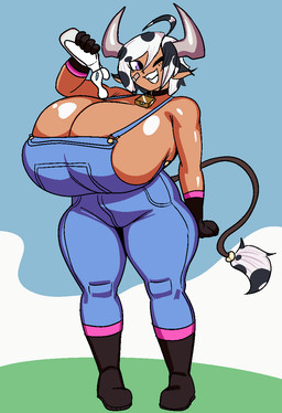 2_horns band-aid band-aid_on_face bandage bandage_on_face big_breasts black_boots black_clothing black_footwear black_gloves black_handwear black_spots blue_clothing blue_overalls boots bottle breasts button_(fastener) clothed clothed_female clothed_humanoid clothing collar container cowbell cowbell_collar day female female_humanoid footwear gloves hair handwear head_horn holding_bottle holding_container holding_milk holding_object horn huge_breasts milk milk_bottle milk_container one_eye_closed outside overalls pose purple_eyes shoes sky smile solo spots standing tail tail_tuft tan_body tan_skin teeth thick_thighs tuft white_hair white_sclera dumbwitchyy animal_humanoid bovid bovid_humanoid bovine bovine_humanoid cattle_humanoid humanoid mammal mammal_humanoid 2026 digital_drawing_(artwork) digital_media_(artwork) full-length_portrait hi_res pinup portrait