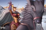anthro armor bottomwear breath cloak clothing eyebrows female feral gauntlets gloves handwear loincloth long_eyebrows raised_arm reins riding riding_on_back saddle snow solo hiverdose last_fables lieren_(last_fables) barghest felid leopard mammal pantherine