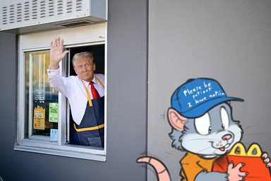 accessory anthro apron baseball_cap box buckteeth claws clothing collared_shirt container dress_shirt drive-thru finger_claws fur gesture glass glass_window grey_body grey_fur grey_hair hair hand_out hat headgear headwear light_body light_skin male male_human necktie orange_body orange_skin overweight overweight_male photo_background pink_body pockets politics real shirt shirt_collar shirt_cuffs t-shirt tail teeth topwear waving whisker_spots whiskers window young young_anthro emenius 2024_united_states_presidential_election happy_meal mcdonald's please_be_patient_i_have_autism chipp donald_trump human mammal murid murine rat rodent 2024 3:2 draw_over meme mixed_media photography_(artwork)