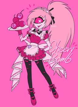 1_eye bomb clothed clothing explosives female maid_headdress maid_uniform not_furry pink_background simple_background solo text tongue tongue_out uniform enaic31 hazbin_hotel hellaverse cherri_bomb_(hazbin_hotel) cyclops demon demon_humanoid humanoid 2025 absurd_res character_name digital_media_(artwork) hi_res