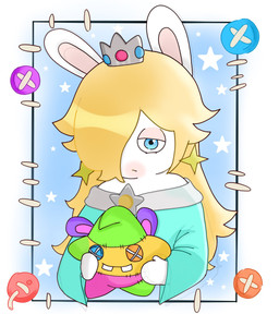 anthro arms_bent blonde_hair blue_background blue_eyes button_(fastener) clothed clothed_anthro clothed_female clothing crown dress ear_piercing female female_anthro fur gem hair hair_over_eye half-closed_eyes headgear holding_object holding_plushie light long_ears long_hair mitten_hands mouth_closed multicolored_body narrowed_eyes noseless piercing plushie ruby_(gem) sapphire_(gem) simple_background solo star_(shape) star_ear_piercing tan_eyelids tan_inner_ear teal_clothing teal_dress two_tone_body white_body white_fur peypey_mei1925 mario_bros mario_plus_rabbids_sparks_of_hope nintendo raving_rabbids rayman_(series) ubisoft rabbid_rosalina lagomorph mammal rabbid 2023 colored crossover digital_drawing_(artwork) digital_media_(artwork) half-length_portrait hi_res lighting portrait shaded